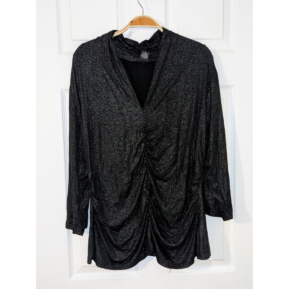 Rafaella Sparkle Knit Top Ruched V Neck Silver Long Sleeve Blouse XXL 1X NEW